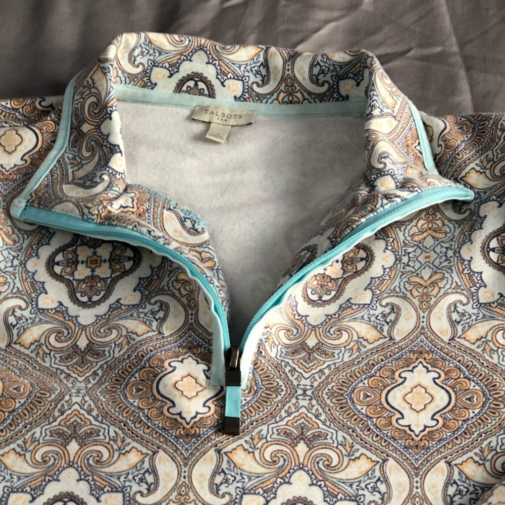 Talbots Paisley Top Baby Blue Cream and Brown Womens Small Boho Print Zip Collar - Picture 2 of 7